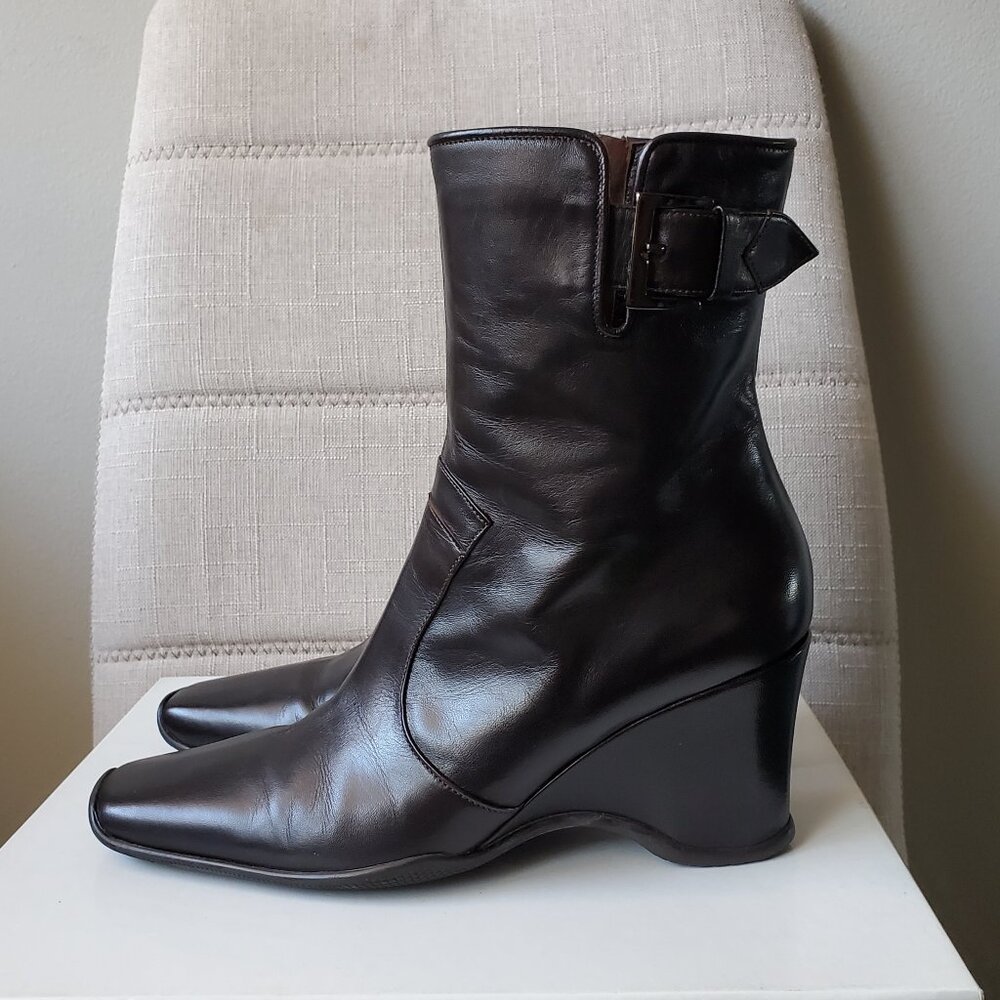 Giovanni Fabiani Italian Dark Brown Leather Wedge Boots, Buckle Strap, EU 37